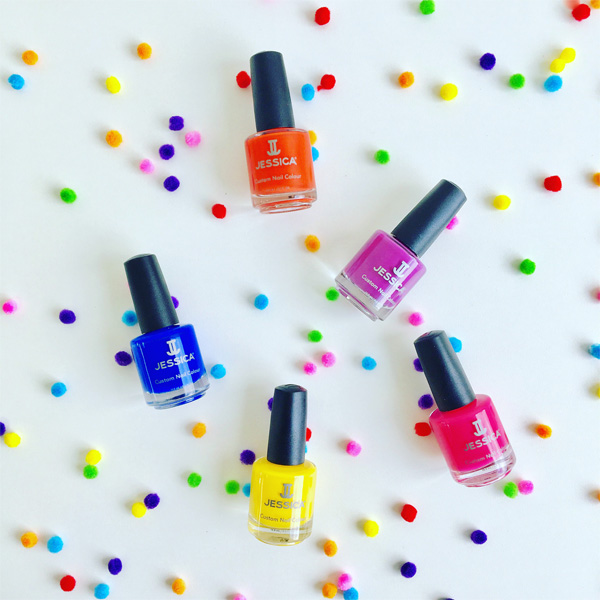 Jessica Phenom Winter 2015 group Bright cutom Colour Nail Polish Nail Polishes promped ina white backgrounf with colourful balls